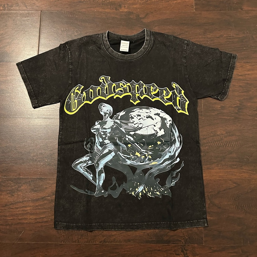 Black Graphic T-Shirt with Yellow and Silver Design